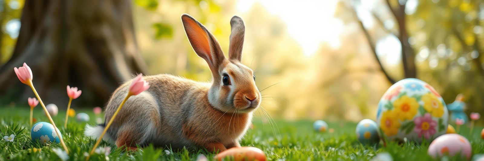 Fluffy rabbit sitting in a sunlit garden surrounded by colorful eggs on a spring afternoon